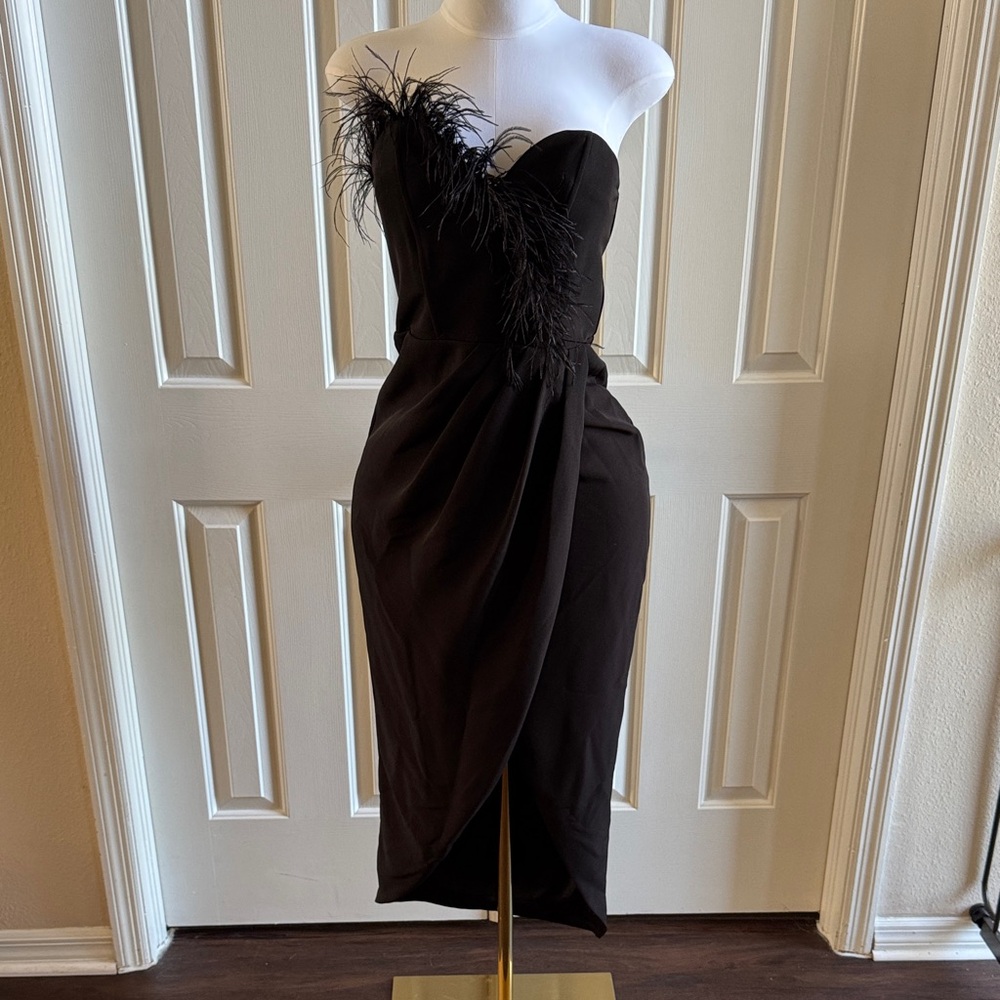 Club L London Black One Shoulder Dress with Feather Detail